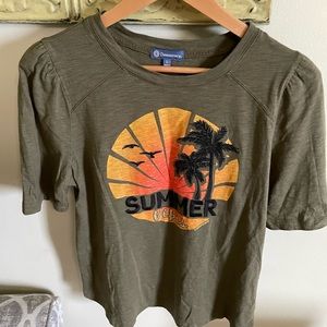 Democracy Olive Graphic Tee with Sunset Design